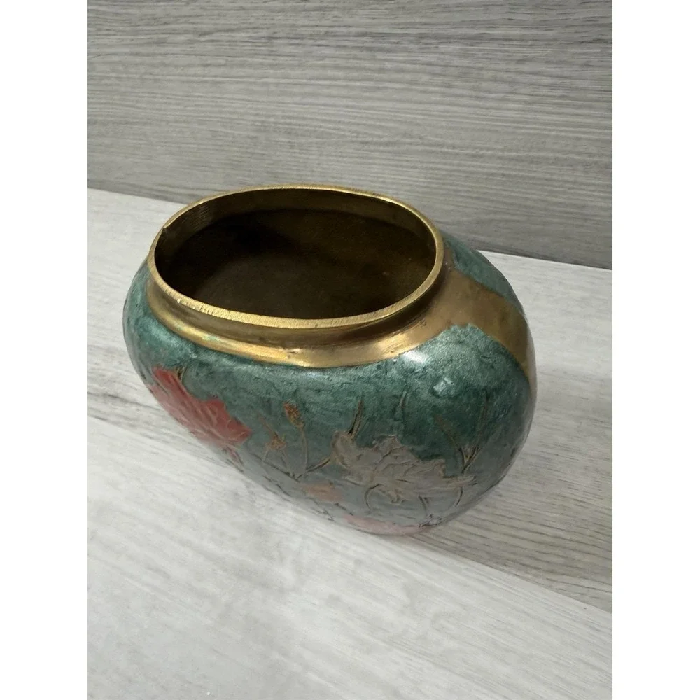 Solid Brass Polychrome Painted Lotus Vase Teal Gold Floral MCM 6